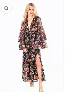 Black Floral Sequin Maxi Dress with Ruffled Sleeves